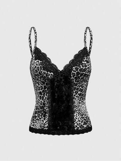Grunge Punk Spring Break Concert Women Rave Looks Festival Vintage Style Sexy Babe Y2K Leopard Patchwork Contrast Lace Trim Women's Camisole Top