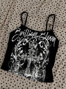 Attitoon Camiseta de tirantes ajustada y sexy con estampado de cruz gótica para mujer
