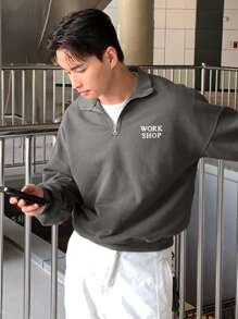 DAZY Men's Half Zip-Up Letter Print Pullover Sweatshirt, Fall Clothes - Grey - View 3