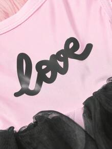 PETSIN 1 件宠物通用情人节粉色爱心印花喇叭袖渐变色网眼狗公主裙