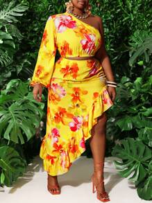 Slaydiva Vacation Casual Hawaii Vibes Plus Size Women Floral Print Asymmetric Ruffle Shoulder Top And Skirt Set - B - Multicolor - View 3