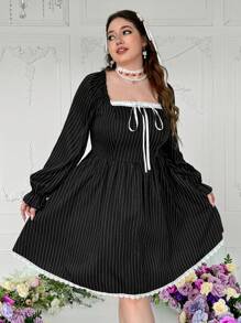 Flirla Plus Size Women Crew Neck Puff Sleeve Ruffle Hem Elegant Party Dress,Valentine Fall Cloth For Women - Black - View 1