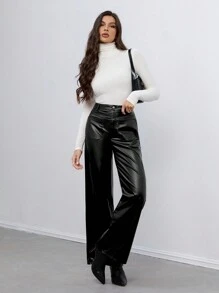 SHEIN Tall Women's Retro Leather Trousers Suitable For Autumn And Winter - Black - View 5