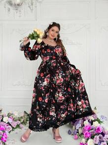 Lyrianda 印花优雅四向弹力长裙，宫廷风格设计，情人节 - 黑色 - 查看 5