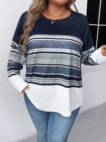 SHEIN LUNE Plus Size Crew Neck Long Sleeve Striped Minimalist T-Shirt, Casual Daily Wear