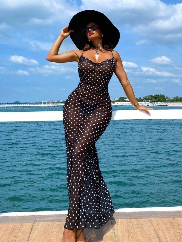 Swim Vcay Robe d'été légère à pois, débardeur, robe longue de plage transparente de vacances décontractée et sexy, pour femmes