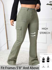 SHEIN Tall CURVE Plus Size Women's Green Denim Cargo Flare Jeans - Blue - View 1