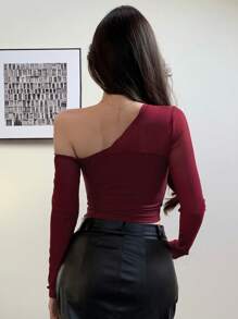 DAZY 女士时尚不对称领口网眼拼接衬衫，适合秋季夏季透明长袖上衣