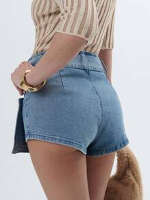 SHEIN Unity 酷炫牛仔不对称裹身迷你裙，配腰带 - 藍色 - 查看 7