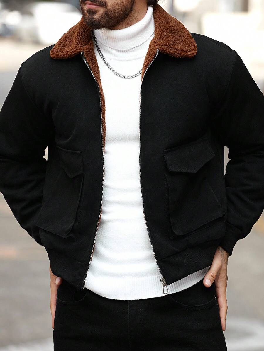 Manfinity Homme Chaqueta casual para hombre con bloque de color en el cuello para otoño/invierno