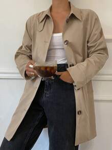 Livesso Abrigo de mujer tipo gabardina de corte holgado con parches de colores contrastantes, ropa de otoño