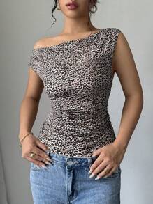 Chiquease Women's Leopard Print Oblique Shoulder Casual Bodysuit, Slim Fit