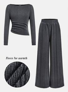 SHEIN Tween Girls Casual And Warm Dark Gray Pitted Knitted Slim Top + Wide-Leg Pants Two-Piece Set, For Autumn Winter, Suitable For Casual Daily Wear & School Daily In Autumn & Winter, Back To School