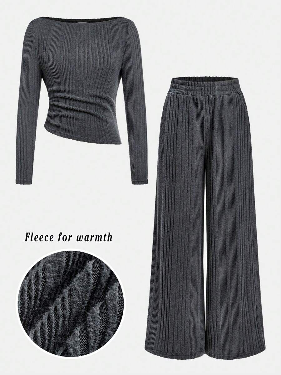 SHEIN Tween Girls Casual And Warm Dark Gray Pitted Knitted Slim Top + Wide-Leg Pants Two-Piece Set, For Autumn Winter, Suitable For Casual Daily Wear & School Daily In Autumn & Winter, Back To School
