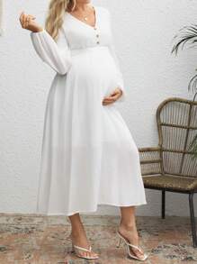 SHEIN Maternity Floral Print Puff Sleeve Pocket Decor Loose Dress, Suitable For Autumn - White - View 4