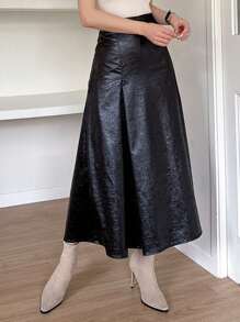 DAZY Women's Satin Textured Long Pleated A-Line Skirt