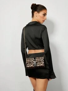 SHEIN BAE Women's Embroidered Leopard Print Clutch Shoulder Bag, Fashion Streetwear And Party Accessory - Brown - View 1