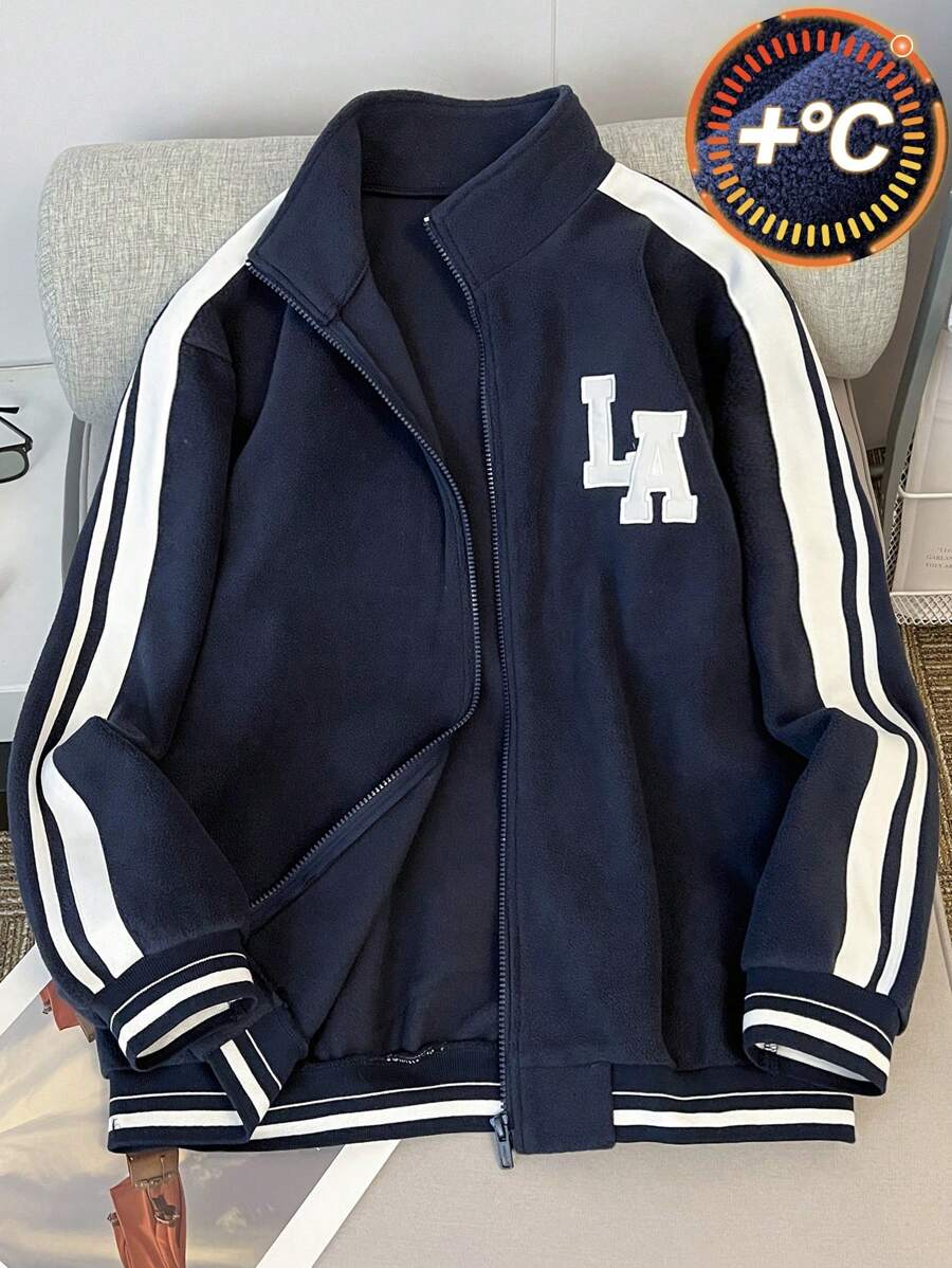 SHEIN Leap Crew 青少年男孩拼色立领字母印花拉链夹克外套，保暖内衬，适合秋冬季，运动休闲户外 - 灰色 - 查看 1