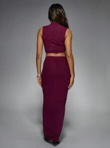 MISSGUIDED Embellished Mesh High Neck Sleeveless Crop Top And Drape Mesh Maxi Skirt Two Piece Co Ord Set
