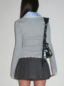 DAZY Women Lace Splicing Shirt Collar Long Sleeve T-Shirt, Gray, Spring/Summer/Autumn,Back To School Clothes,Fall Women Clothes - Grey - View 2