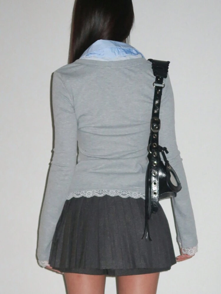 Women Lace Splicing Shirt Collar Long Sleeve T-Shirt, Gray, Spring/Summer/Autumn,Back To School Clothes,Fall Women Clothes