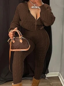 INAWLY 2pcs Women V-Neck Long Sleeve Zip-Up Sweater & Long Pants Set