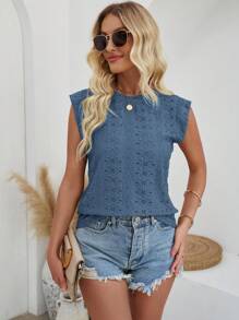 SHEIN LUNE Women's Solid Color Burnout Embroidery Crew Neck Loose Casual T-Shirt