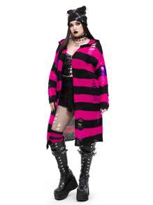 Whyspr Plus Size Dark Punk Gothic Style Color Block Hooded Cardigan Winter Fall Autumn - Hot Pink - View 3