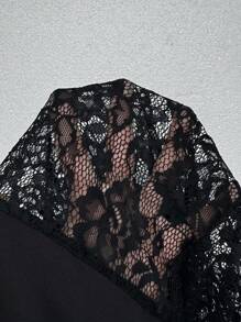 Viva Relle Plus Size Lace Patchwork Short Sleeve Square Neck Minimalist Short Dress - Black - View 8