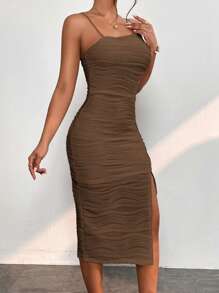 SHEIN PETITE Women Solid Color Spaghetti Strap Split Textured Bodycon Dress