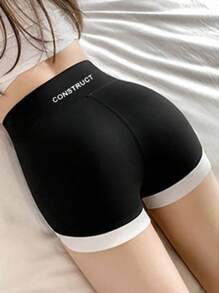 DAZY Women's Letter Print Patchwork Fitted Bodycon Shorts, Athleisure Style, Year-Round