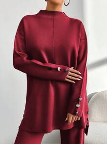 EURMUSE Women's Casual Solid Color Sweater And Legging Two-Piece Set, Autumn/Winter - Burgundy - View 4