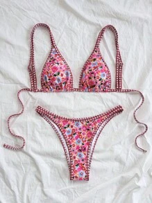 Soleia Women's Colorful Ditsy Floral Patchwork Plaid V-Neck Tie Front Swimwear Set,Swim Suits For Women,Vacation Outfit Women,Summer Outfits For Women,Beach Outfits For Women,Valentine's Day - Multicolor - View 6