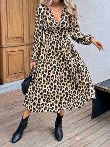 SHEIN LUNE V-Neck Puff Sleeve Lantern Sleeve Waist Ruched A-Line Midi Dress, Vintage Leopard Print, Casual Commuter Elegant Outdoor Wear, Long Sleeve, Autumn/Winter, For Women