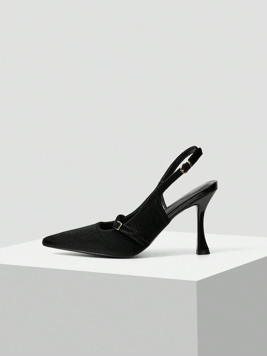 MOTF PREMIUM 法式方扣细高跟鞋，法兰绒材质，适合情人节、春季鞋、春假复活节 - 黑色 - 查看 2
