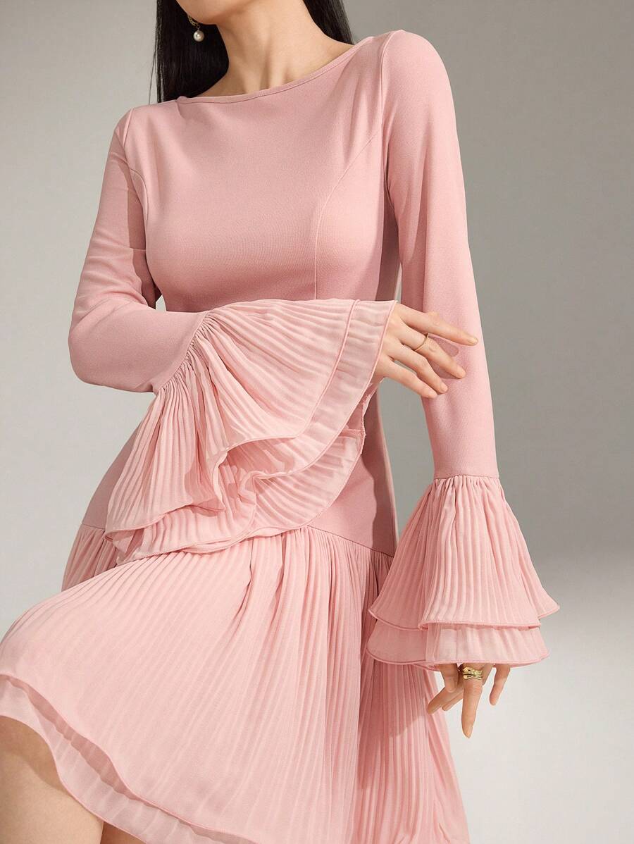 Modelyn 女士圆领纯色褶皱喇叭袖优雅短款连衣裙 - 粉色 - 查看 1