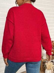 Calvaya Femmes grande taille Pull décontracté à manches longues avec motif cœur et pêche pour l'automne/l'hiver, convient pour le pull tricoté de la Saint-Valentin - Rouge - Voir 2