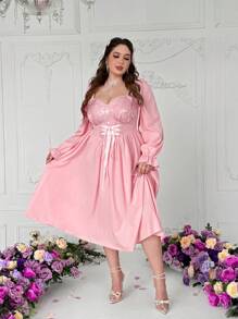 Sunnyshic Plus Size Women Scoop Neck Patchwork Waist Tie Long Sleeve Mid-Length Elegant Retro Cute Dress,Valentine