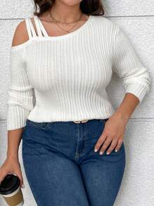 SHEIN Clasi Plus Size Women Asymmetric Shoulder Knit Pullover Sweater, Textured Cable Knit Design, Casual & Elegant Knit Pullover Fall Winter - White - View 7
