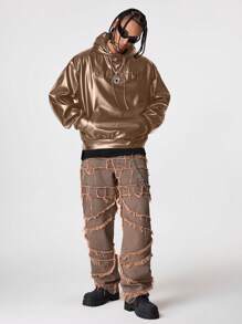 Manfinity VCAY Men's Leather Loose Long Sleeve Letter Embossed Hoodie, For Fall Winter