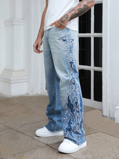 Street Life Jeans en denim avec patch brodé et rivets décoratifs pour hommes