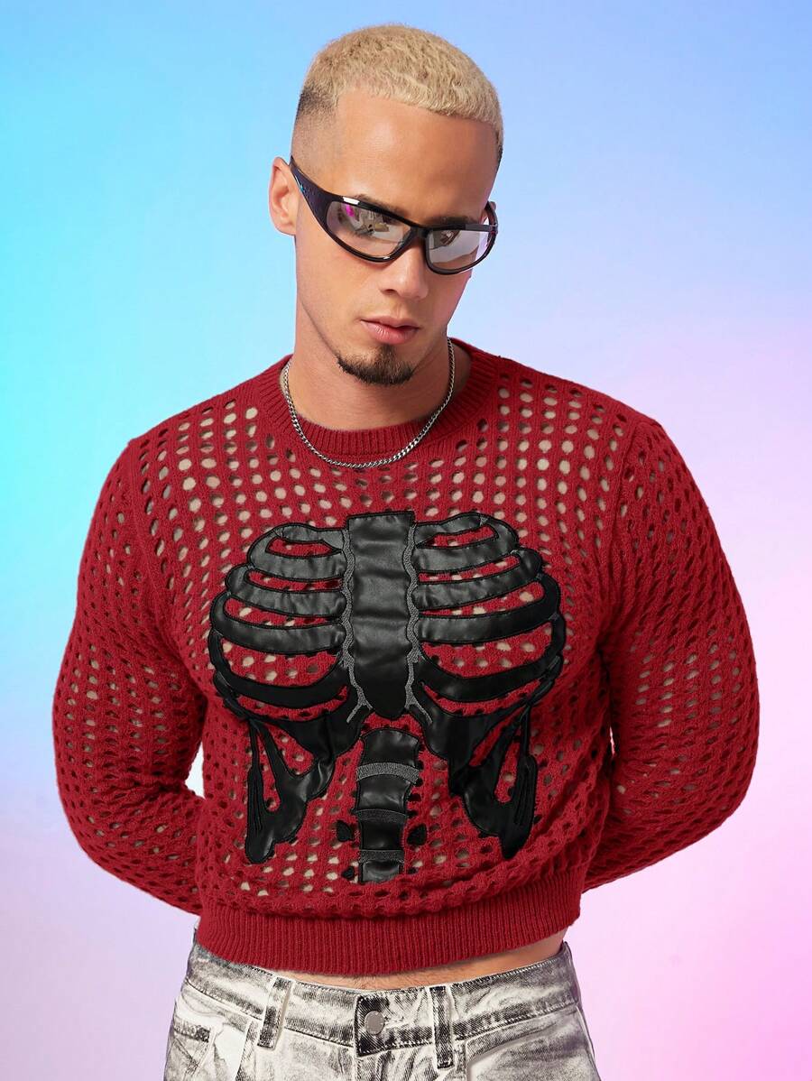 FeverCity Men's Skeleton Print See-Through Crew Neck Sweater, For Fall Winter - Multicolor - View 1