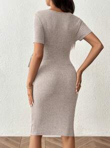 SHEIN Sukienka dla kobiet w ciąży w jednolitym kolorze, z krótkim rękawem i wiązaniem, dopasowana, elegancka