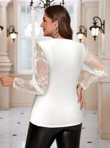 SHEIN Clasi Women Lace Patchwork Solid Color Rhinestone Decor Casual Blouse, For Everyday Wear - White - View 2