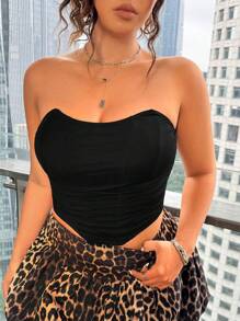 SHEIN EZwear Plus Size Women Plain Color Ruched Bandeau Fitted Stylish Top - Black - View 4