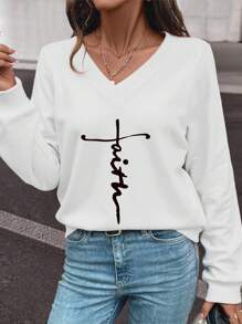 INAWLY Sweat-shirt ample pour femmes blanc, col en V, épaules tombantes, avec slogan anglais et imprimé croix, convient pour le printemps/l'automne