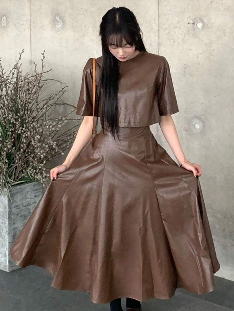 Women 2 Pieces Set PU Leather Solid Color Top And Skirt, Spring/Summer/Autumn