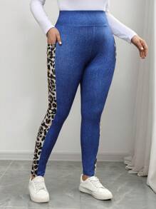 SHEIN LUNE Plus Size Women Denim Effect Print High Waist Casual Leggings, Versatile For Autumn/Winter Holiday Outfit New Years Women Outfit Jogging Suits For Women Spring Summer Clothes Casual For Daily Wear Women Stretchy Knitted High Waist Skinny Leggings, Casual, Outdoor Sports, Yoga, Stretchable Lift Up Leggings, Suitable For Sports And Yoga