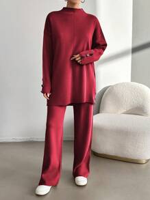 EURMUSE Women's Casual Solid Color Sweater And Legging Two-Piece Set, Autumn/Winter - Burgundy - View 5