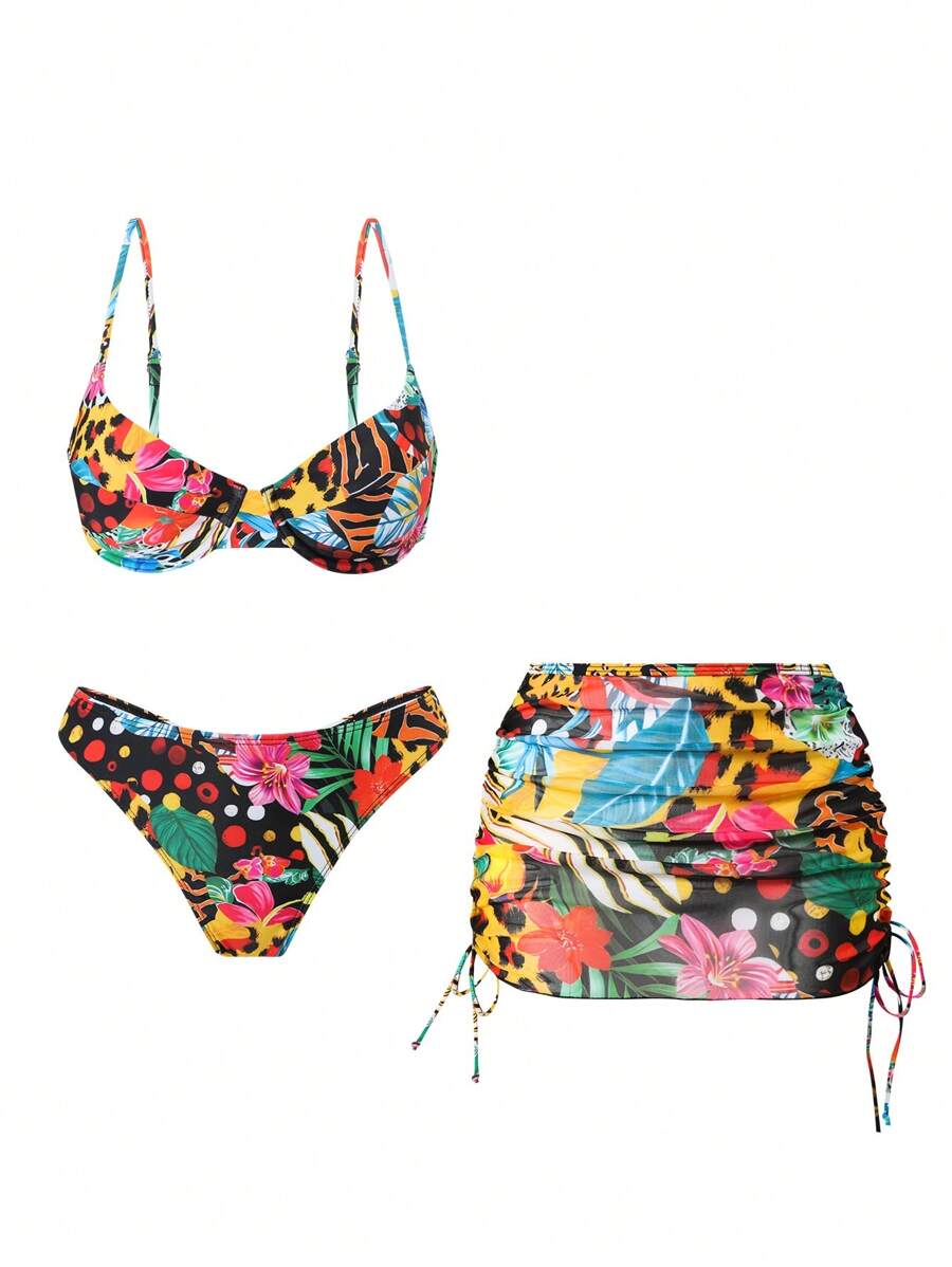 3 bộ đồ bơi in họa tiết da báo nhiều màu có dây đeo có thể điều chỉnh và váy đi biển có dây rút Bohemian mùa hè - Nhiều màu - Xem 1